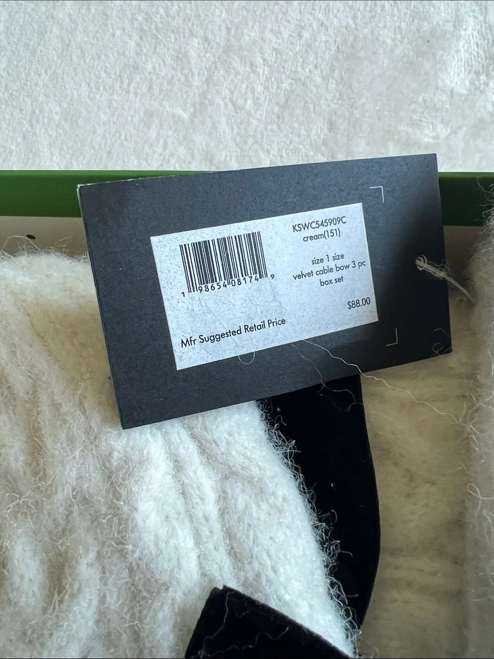 kate spade 3p set, Cream Knit Hat, scarf and arm warmers with black velvet bows